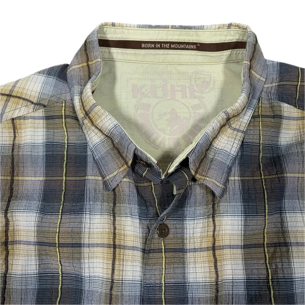 KUHL Shirt Men Large Plaid Crinkle Cotton Long‎ Sleeve Button Up Hiking Camping